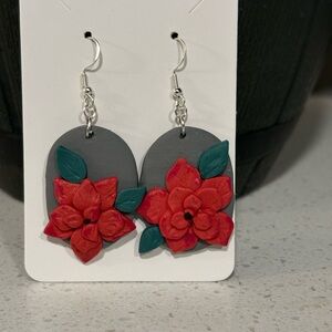 Handcrafted Poinsettia Christmas Floral Earrings - Red and Gray